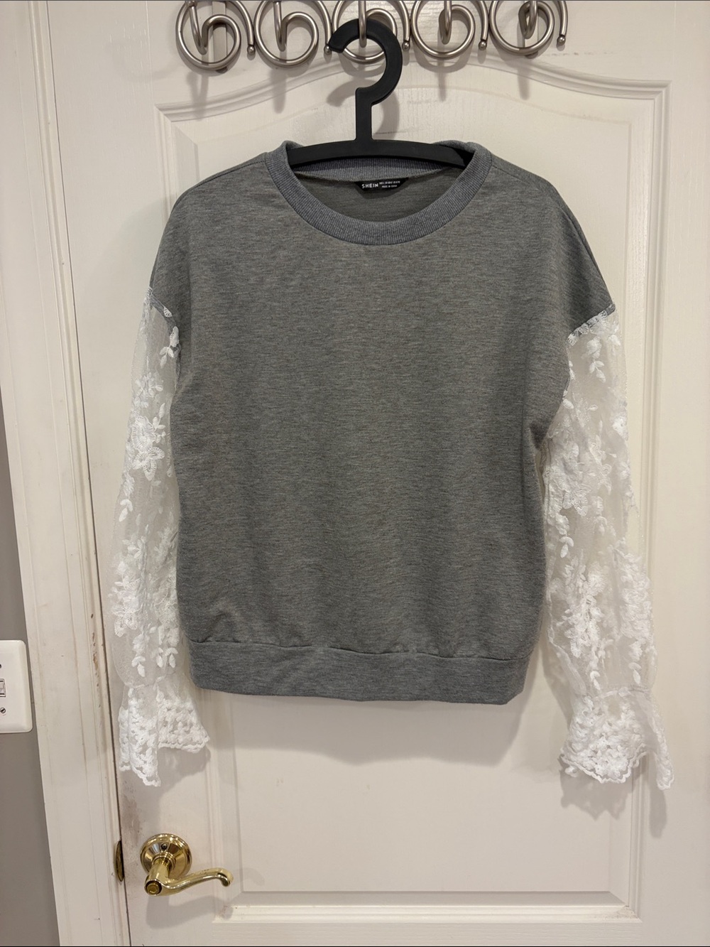 SHEIN Gray Pullover with White Lace Floral Sleeves